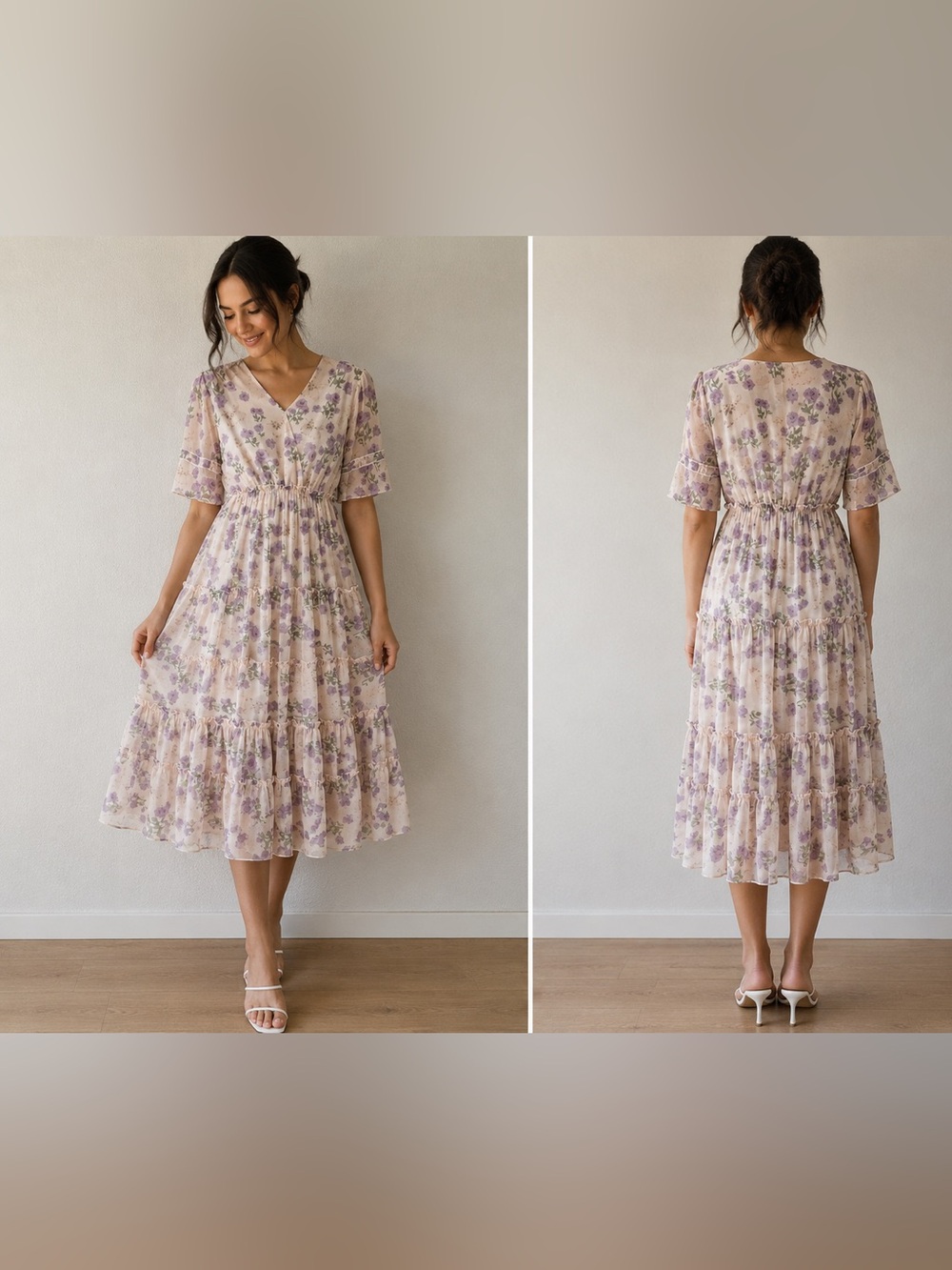 OK Lavender Floral Tiered Midi Dress Sheer Sleeve V-Neck Size Small